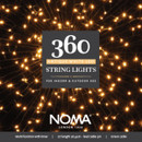NOMA 360 antique white LED string lights for indoor and outdoor use, featuring warm vintage-style LEDs, multifunction lighting effects, Easytimer technology and a green cable for discreet festive decorating.