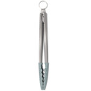 Duck egg blue 20cm silicone food tongs with stainless steel arms, scalloped gripping ends and a hanging loop for easy storage.