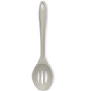 French grey 29cm silicone slotted spoon with an ergonomic handle and drainage slots, ideal for stirring, straining and serving food.