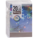 A packaging box displaying 20 multi-coloured LED lights, measuring 2 meters, with a label showing the length between bulbs as 30 cm.
