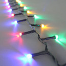 Close-up of compact multicolour LED Christmas lights with bright red, green, blue and amber bulbs on a green cable, ideal for tree wrapping and seasonal displays.