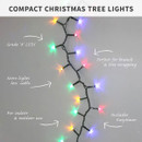 Compact Christmas tree lights feature graphic highlighting multicolour LEDs, Grade A LEDs, Easytimer functionality, indoor and outdoor use, and compact spacing for tree wrapping.