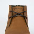 Top-front view of tan Barbour Readhead chukka boot highlighting rounded toe and dark brown laces.