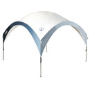 A spacious, event shelter with a white top and blue sides, supported by four legs, ideal for outdoor events or gatherings.