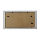Rear view of a light wood triple aperture picture frame showing the backing board and metal fixing clips.