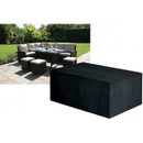 Black waterproof garden furniture cover protecting a large corner sofa dining set, with an inset image showing the uncovered rattan furniture on a patio.