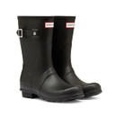 A side view of a pair of short black Hunter wellington boot.