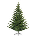 Artificial green Christmas tree without decorations on a simple black stand.