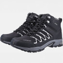 Black hiking boots with a sturdy design featuring white zigzag accents and rugged soles, set against a plain white background.
