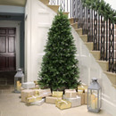 Christmas tree by staircase with presents and lanterns at a home entrance.