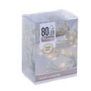 Packaging for 80 warm white LED string lights on a clear cable, ideal for Christmas trees, wreaths, garlands and festive indoor decorations.