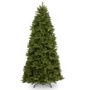 Unadorned artificial green Christmas tree with a simple black stand, isolated on white background.