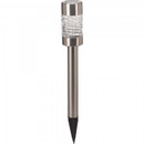 Stainless steel solar garden stake light with clear textured diffuser and black ground spike on a white background.