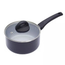 MasterClass 16cm ceramic-coated saucepan with glass lid, non-stick interior and long black handle.
