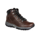Brown leather hiking boot shown at a three-quarter angle, featuring black laces, padded ankle collar and rugged outdoor tread sole.