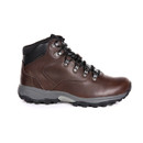 Brown leather hiking boot in side profile with black padded ankle support, metal lace hooks and durable grey and black outsole.