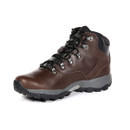 Brown leather hiking boot viewed from the front side, with black padded collar, metal eyelets, black laces and chunky grip sole.