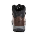 Rear view of a brown leather hiking boot with black padded ankle collar, reinforced heel and rugged black and grey outsole.