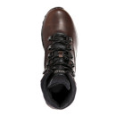 Top view of a brown leather hiking boot showing the rounded toe, black lace-up fastening and padded black ankle lining.