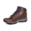 Brown leather hiking boot shown at a three-quarter angle with purple laces, padded ankle support and rugged outdoor tread.