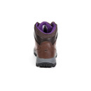Rear view of a brown leather hiking boot with purple padded ankle collar, reinforced heel and black tread sole.