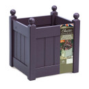 Lavender-coloured square garden planter with slatted panels and four ball finials, shown with the product sleeve attached.