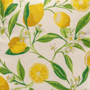 A close-up of a cream outdoor scatter cushion with a lemon print