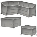Set of protective covers designed to fit a corner garden sofa, coffee table and footstools.