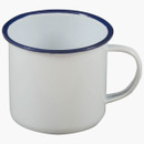 A simple white enamel mug with a blue rim and a sturdy handle, set against a plain background.