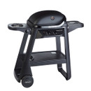 Outback Excel Onyx 2 burner gas BBQ with hood closed, freestanding black grill with side shelves and wheeled base for garden cooking