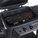 Outback Excel Onyx 2 burner gas BBQ cooking area with enamel-coated grill, lava rock system and front control dials