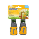 Hozelock garden tap connector set in retail packaging, featuring two yellow and grey hose fittings.