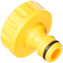 Hozelock yellow threaded tap connector with quick-connect outlet and sealing ring, designed for connecting a garden hose to a tap.