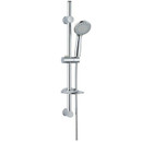 Chrome 5-function shower set with adjustable riser rail, handheld shower head, sliding holder and soap dish.