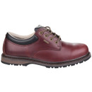 Dark brown leather shoe with black padded collar, lace-up front, and rugged sole. Classic design, conveys durability and comfort.