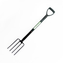 Four-tine garden digging fork with a long metal shaft and D-shaped handle, ideal for digging, turning and aerating soil.