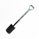 Garden digging spade with a black steel blade, green shaft and D-shaped handle, shown on a white background.