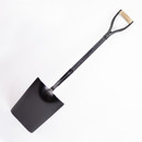 Full view of garden digging spade showing the rectangular steel blade, long black shaft and D-shaped handle.