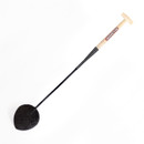 Long-handled garden hoe with wooden T-grip, black metal shaft and round steel blade for weeding and cultivating soil.