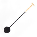 Full view of long-handled garden hoe showing the wooden T-grip, extended metal shaft and circular blade.