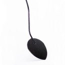 Side view of the circular garden hoe blade showing its angled profile for working through soil and weeds.