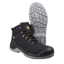Pair of black safety boots, one upright and one showing slip-resistant grey tread sole with deep grip pattern.