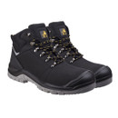 Pair of black safety boots with yellow and black laces, padded collar, and grey slip-resistant soles.