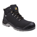 Black safety boot with yellow and black laces, padded ankle support, and reinforced toe protection.