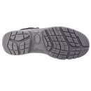 Close-up of grey safety boot sole with multi-directional tread pattern for enhanced slip resistance.