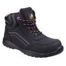 Black ladies’ safety boot with pink stitching, pink and black laces, padded collar, and reinforced toe cap.