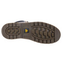 Bottom view of a brown safety boot sole with deep tread pattern and yellow logo at the center, against a white background.