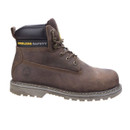Side profile of a brown leather lace-up safety boot with black padded collar, yellow "Amblers Safety" branding, and rugged sole, against a white background.