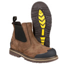 Brown Chelsea safety boot positioned upright next to another boot lying sole-up, showing tread pattern with yellow grip accents. Brown Chelsea safety boot positioned upright next to another boot lying sole-up, showing tread pattern with yellow grip accents.