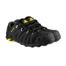 Pair of black low-cut safety trainers with yellow accents, lace-up fastening, and protective toe caps. Pair of black low-cut safety trainers with yellow accents, lace-up fastening, and protective toe caps.